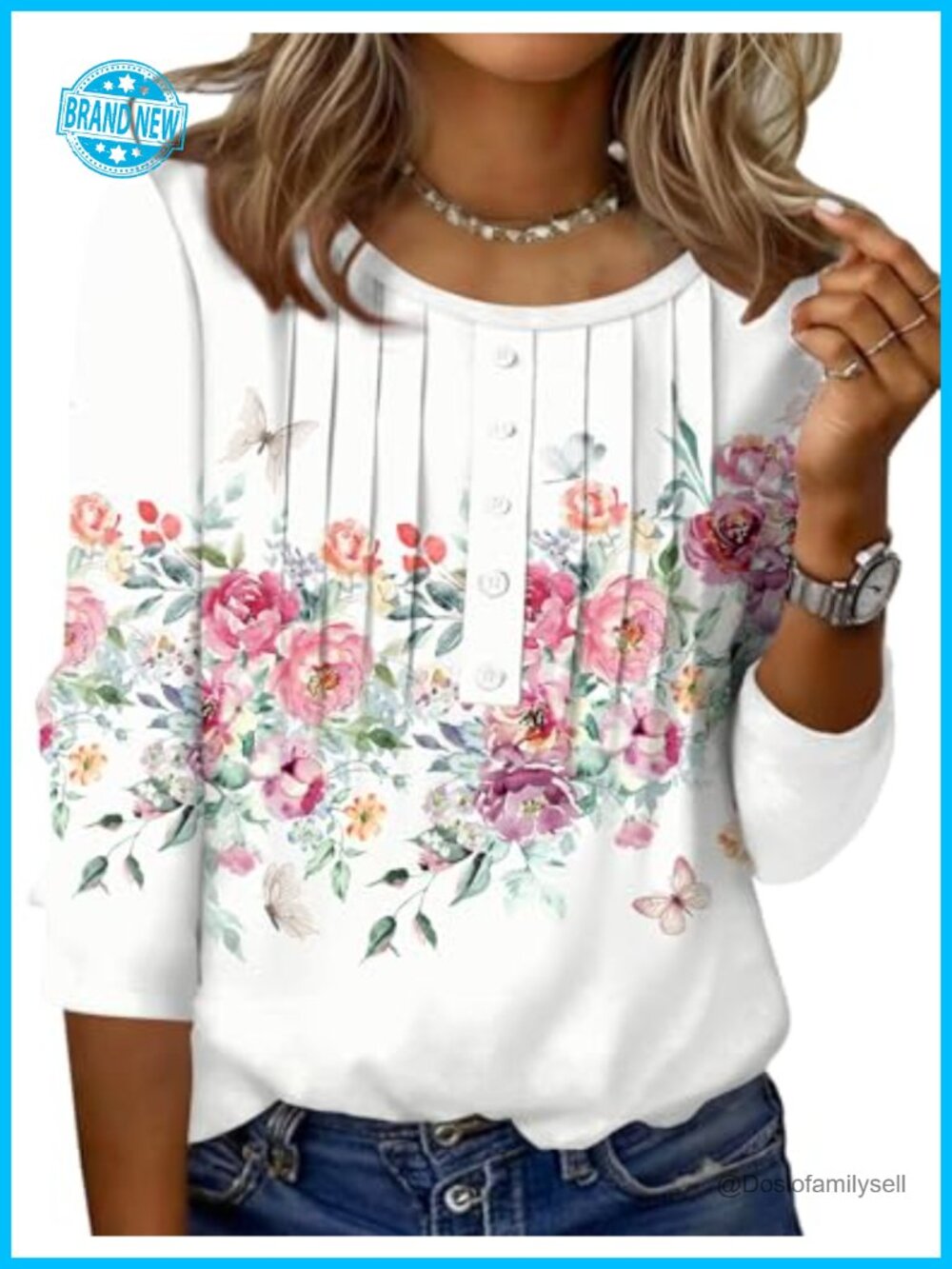 Women's 3/4 Sleeve Pleated Tunic Top Casual Summer Round Neck